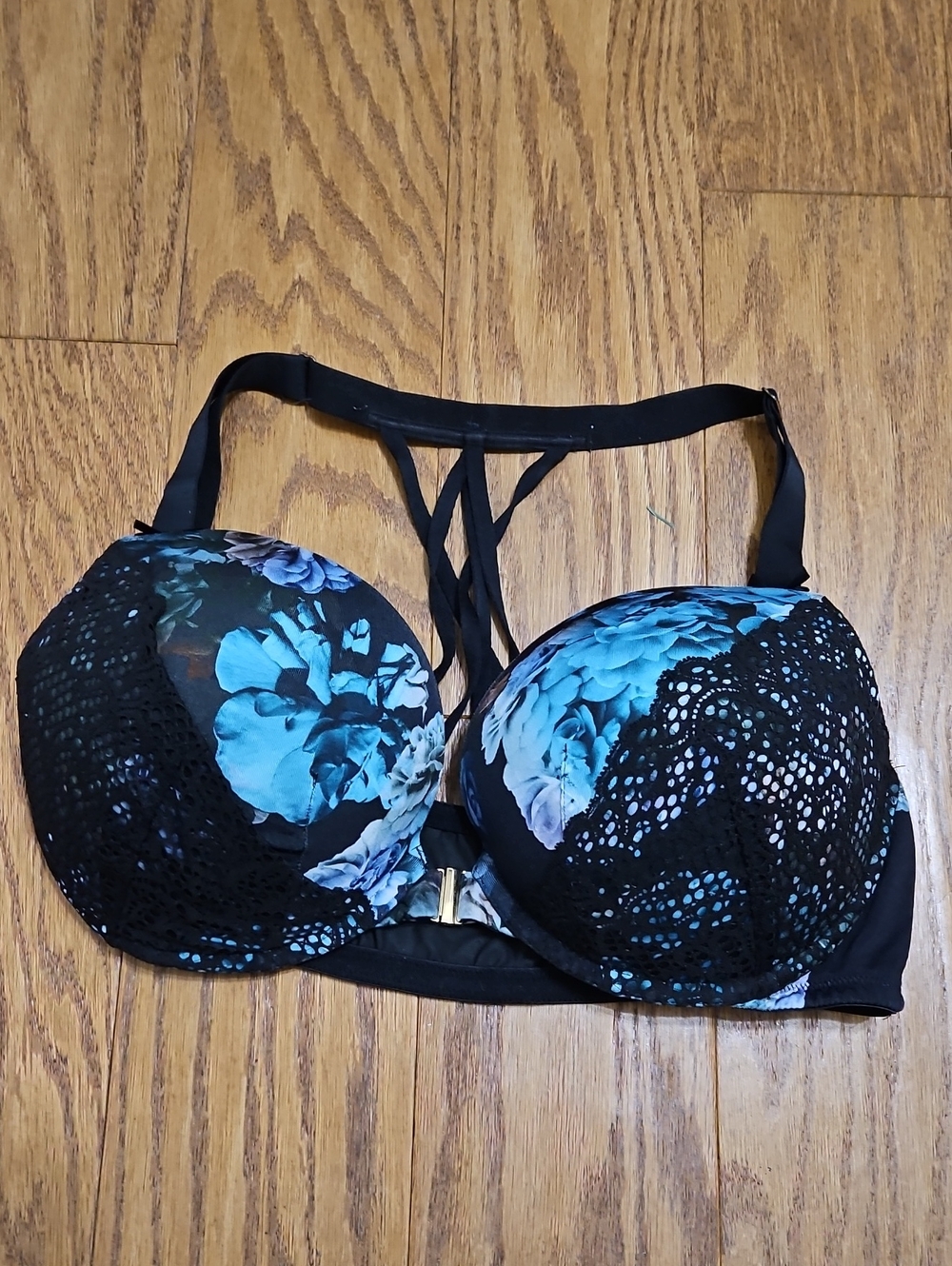 Cacique Front-Close Strappy-Back Boost Plunge Bra Blue Floral Black Lace 40DD